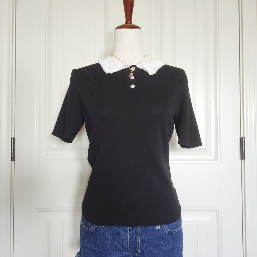 Sweet Rain Women’s Black White Collared Knit Polo Short Sleeve Button Solid L